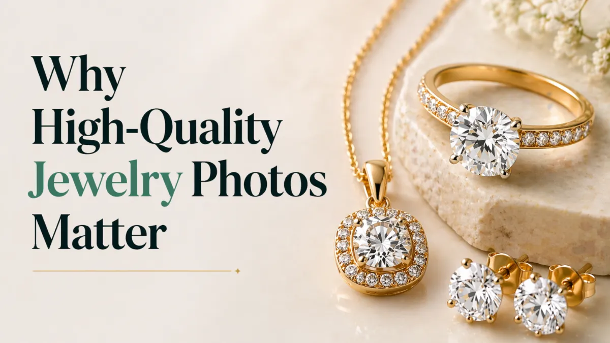 Why High-Quality Jewelry Photos Matter? Professional marketing photo of a gold and diamond necklace, ring, and earring set