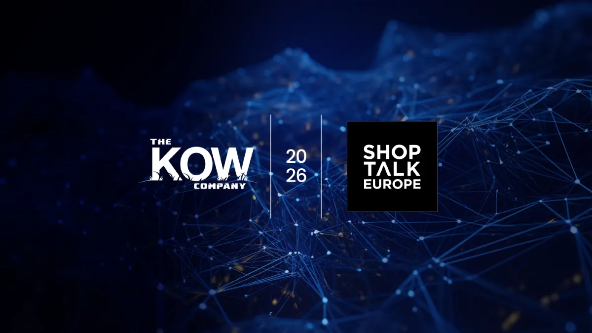 Digital graphic with dark blue network background showing logos of The KOW Company and Shoptalk Europe, separated by the year 2026
