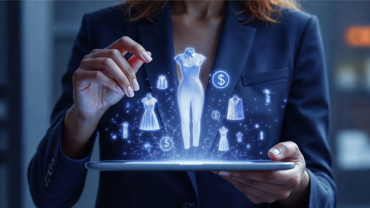 Business professional using tablet with 3D fashion product visualization and pricing icons